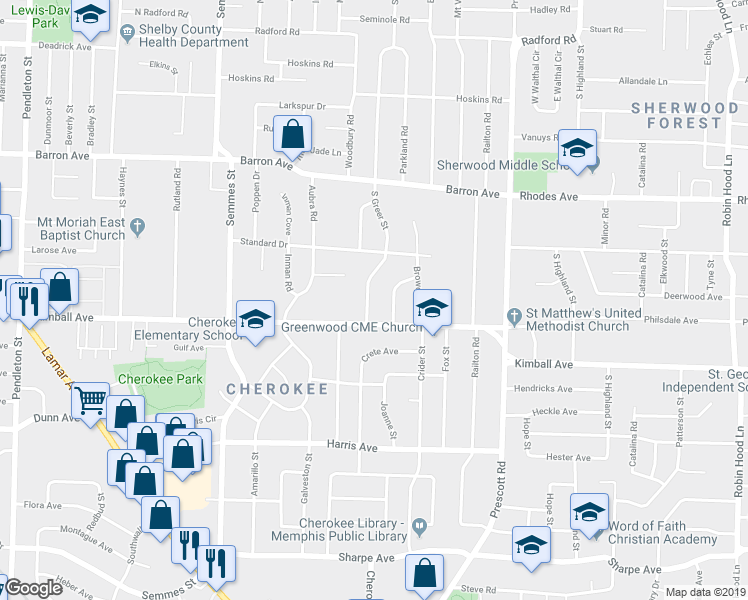map of restaurants, bars, coffee shops, grocery stores, and more near 1326 South Greer Street in Memphis