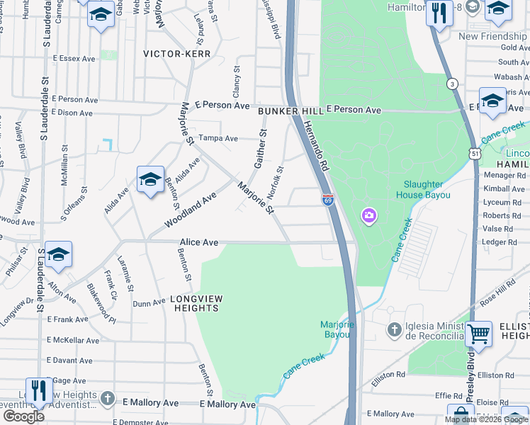 map of restaurants, bars, coffee shops, grocery stores, and more near 1851 Marjorie Street in Memphis
