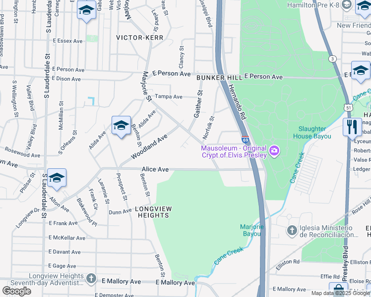 map of restaurants, bars, coffee shops, grocery stores, and more near 1851 Marjorie Street in Memphis