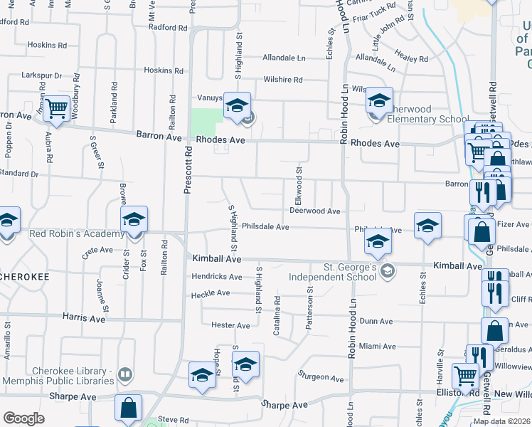 map of restaurants, bars, coffee shops, grocery stores, and more near 3543 Deerwood Avenue in Memphis