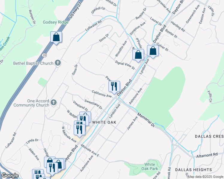 map of restaurants, bars, coffee shops, grocery stores, and more near 112 Peace Street in Chattanooga