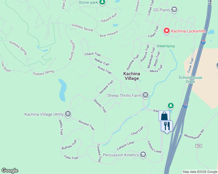 map of restaurants, bars, coffee shops, grocery stores, and more near 564 Ancient Trail in Flagstaff