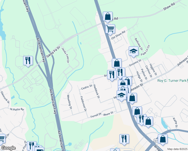 map of restaurants, bars, coffee shops, grocery stores, and more near 238 Bonnie Street in Fayetteville