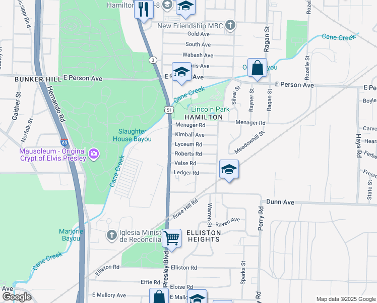 map of restaurants, bars, coffee shops, grocery stores, and more near 1392 Roberts Road in Memphis