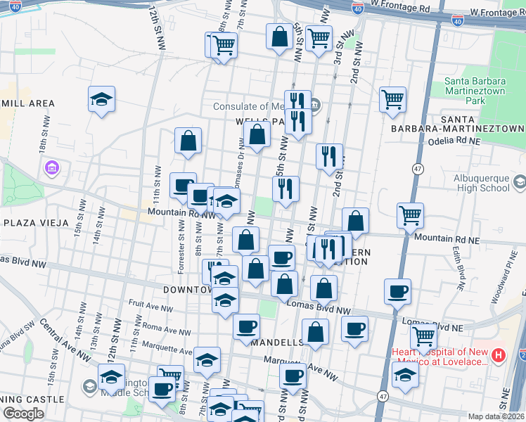 map of restaurants, bars, coffee shops, grocery stores, and more near 591 Mountain Road Northwest in Albuquerque