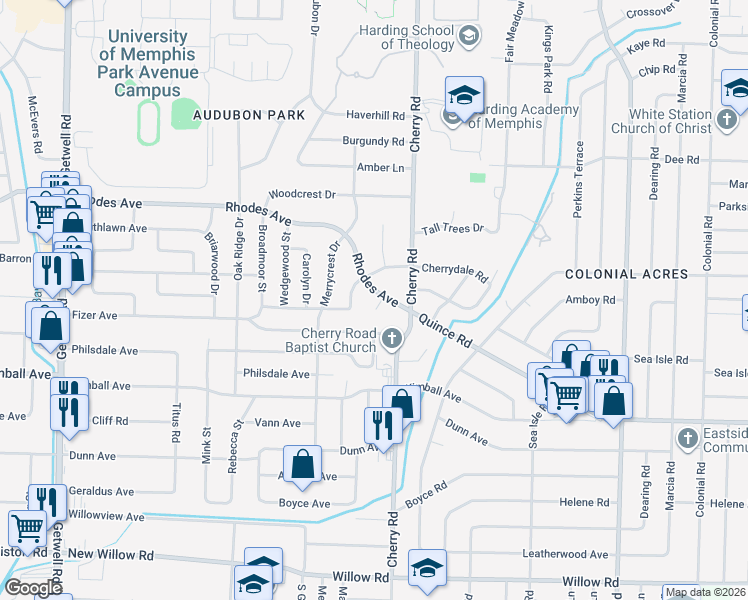 map of restaurants, bars, coffee shops, grocery stores, and more near 4335 Rhodes Avenue in Memphis