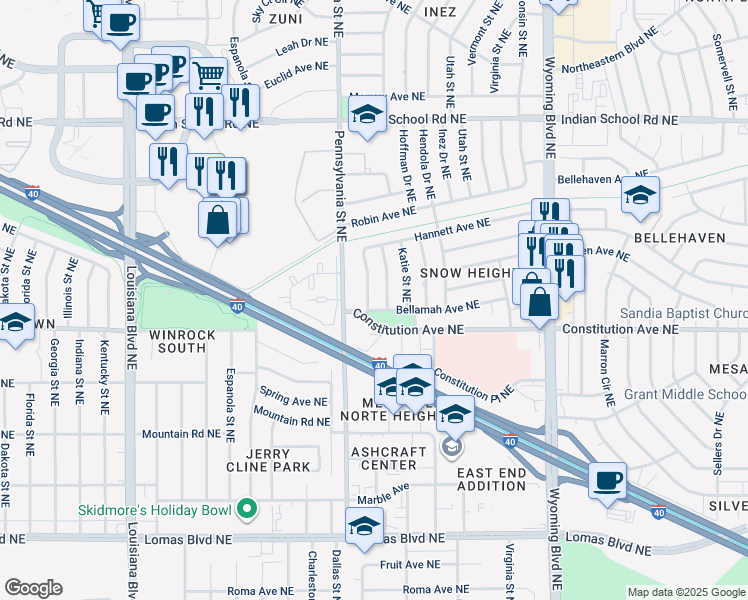 map of restaurants, bars, coffee shops, grocery stores, and more near 1304 Rhode Island Street Northeast in Albuquerque