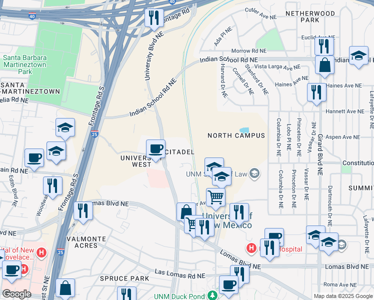 map of restaurants, bars, coffee shops, grocery stores, and more near 1801 Camino de Salud in Albuquerque