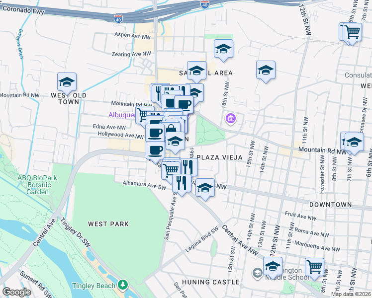 map of restaurants, bars, coffee shops, grocery stores, and more near 1908 Old Town Road Northwest in Albuquerque
