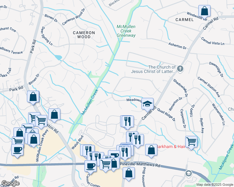 map of restaurants, bars, coffee shops, grocery stores, and more near 5806 Chapel Creek Court in Charlotte