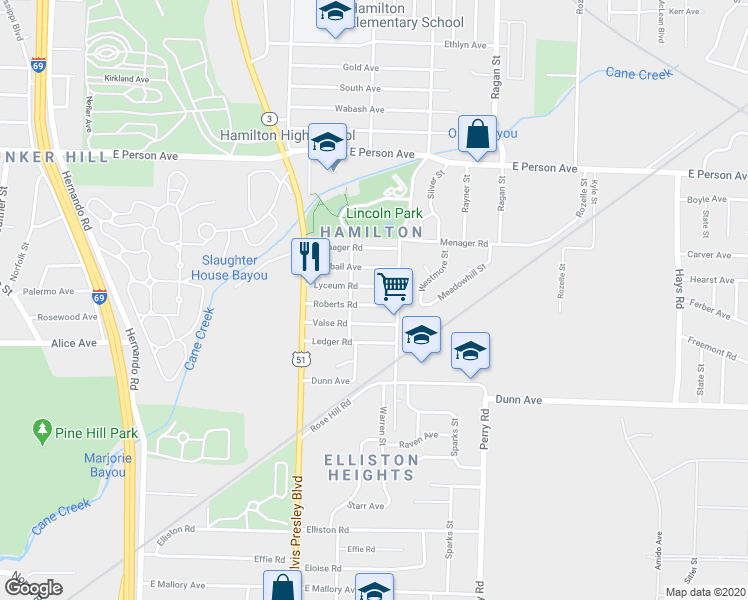 map of restaurants, bars, coffee shops, grocery stores, and more near 1436 Roberts Rd in Memphis