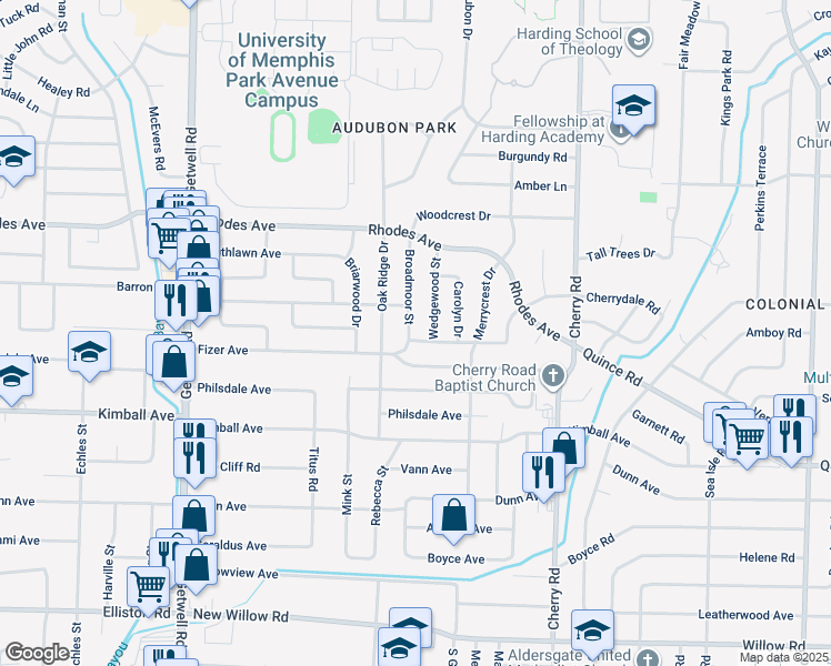 map of restaurants, bars, coffee shops, grocery stores, and more near 4194 Cherrydale Road in Memphis