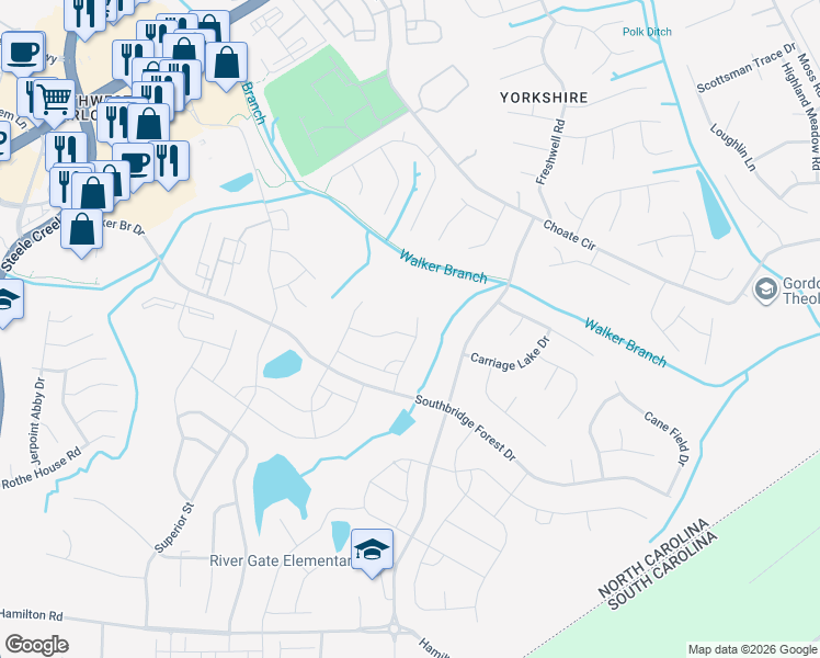 map of restaurants, bars, coffee shops, grocery stores, and more near 16109 Hammersmith Farm Drive in Charlotte