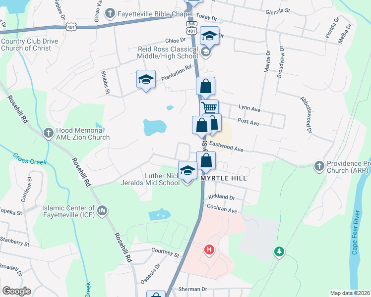 map of restaurants, bars, coffee shops, grocery stores, and more near 115 Rowland Circle in Fayetteville