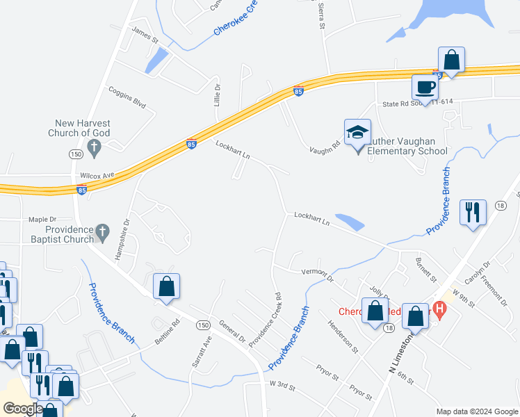 map of restaurants, bars, coffee shops, grocery stores, and more near 129 Providence Creek Road in Gaffney