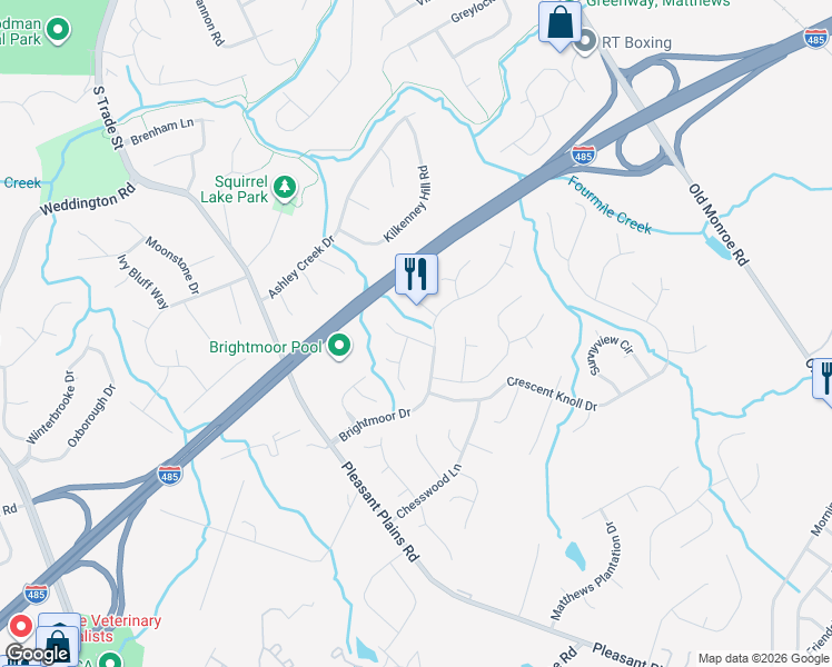 map of restaurants, bars, coffee shops, grocery stores, and more near 2337 Hunters Bluff Drive in Matthews