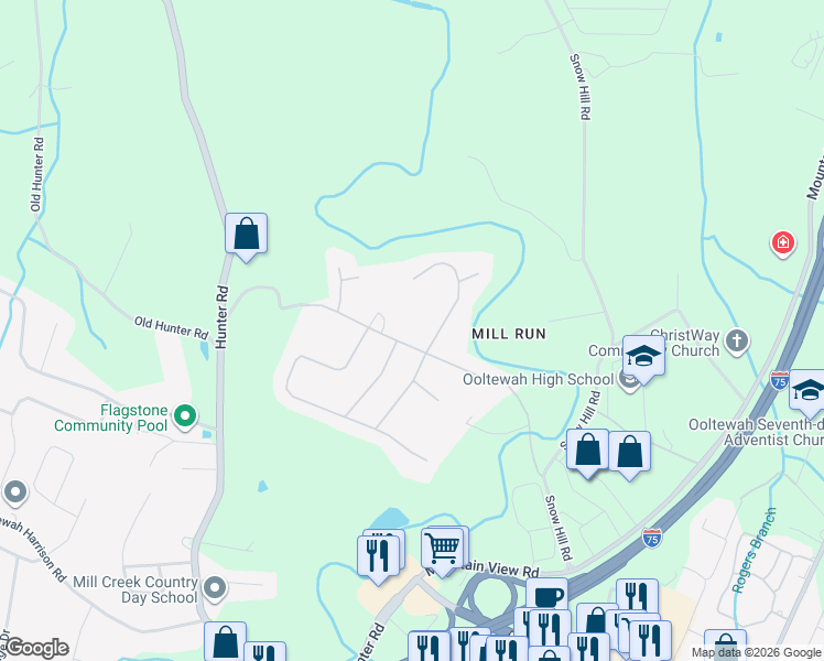 map of restaurants, bars, coffee shops, grocery stores, and more near 8323 Mitchell Mill Road in Ooltewah