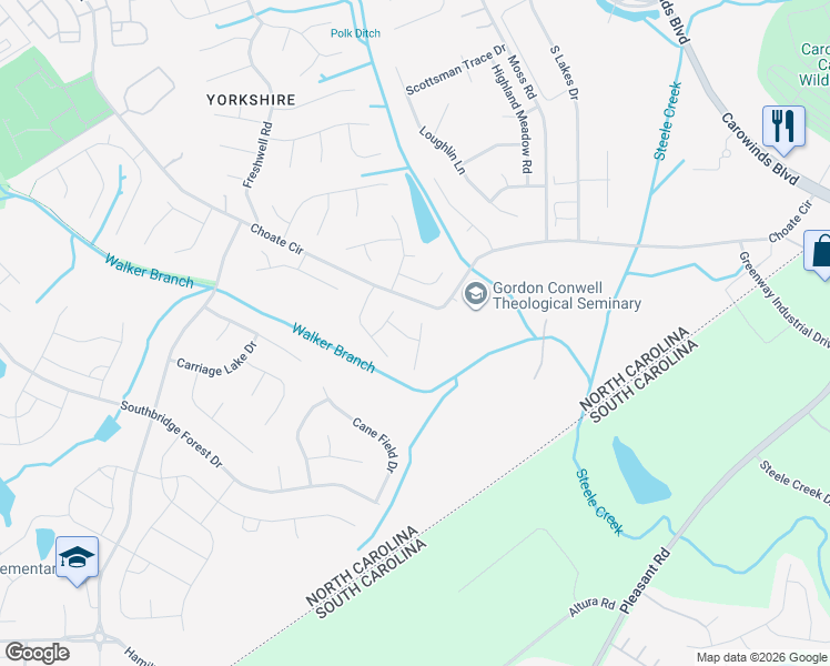map of restaurants, bars, coffee shops, grocery stores, and more near 14418 Catherine Miller Drive in Charlotte