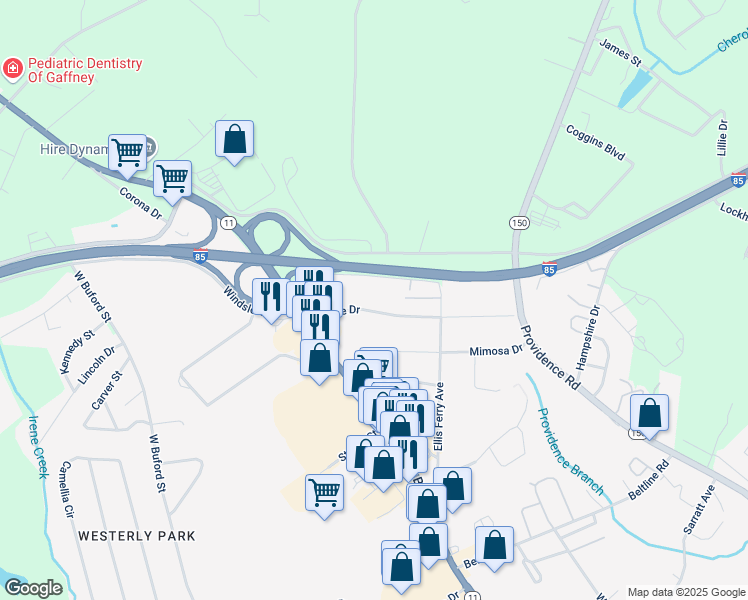map of restaurants, bars, coffee shops, grocery stores, and more near 212 Maple Drive in Gaffney