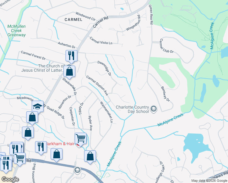 map of restaurants, bars, coffee shops, grocery stores, and more near 4915 Virginian Lane in Charlotte