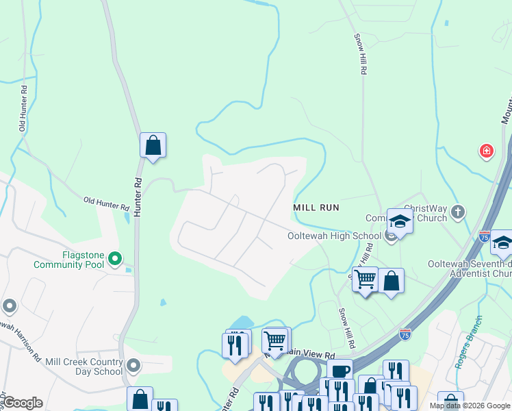 map of restaurants, bars, coffee shops, grocery stores, and more near 8323 Mitchell Mill Road in Ooltewah