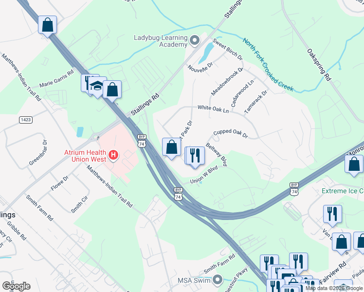 map of restaurants, bars, coffee shops, grocery stores, and more near 126 Forest Park Road in Matthews