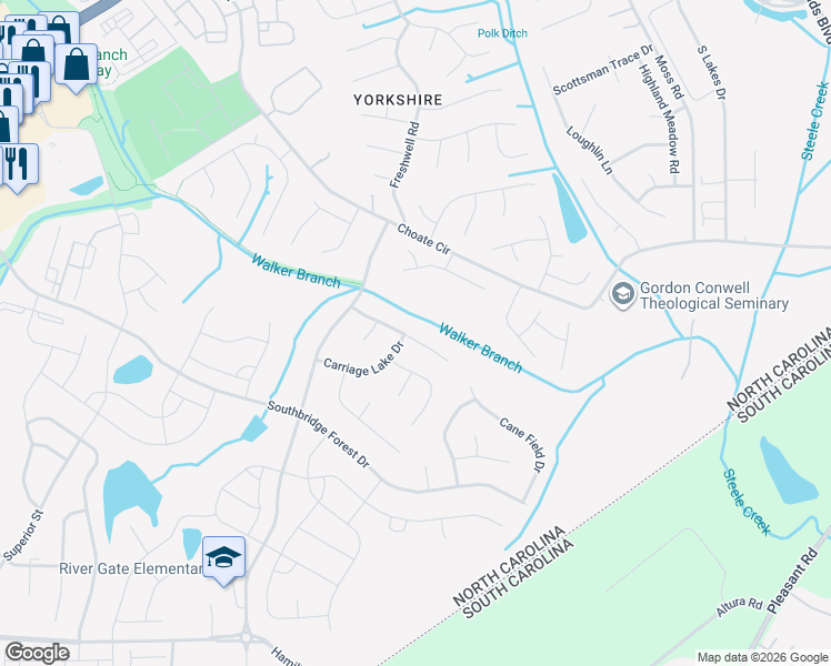 map of restaurants, bars, coffee shops, grocery stores, and more near 14133 Walkers Crossing Drive in Charlotte