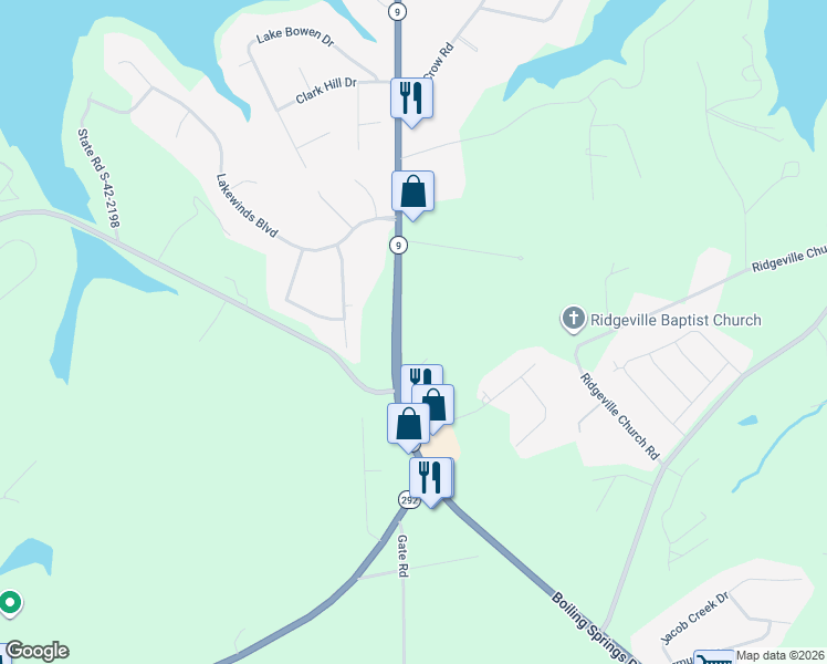 map of restaurants, bars, coffee shops, grocery stores, and more near 7450 South Carolina 9 in Inman