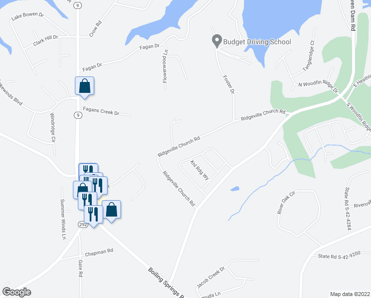 map of restaurants, bars, coffee shops, grocery stores, and more near 450 Ridgeville Church Road in Inman