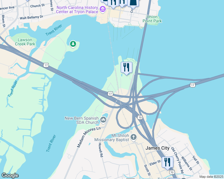 map of restaurants, bars, coffee shops, grocery stores, and more near 108 Dylan Lane in New Bern