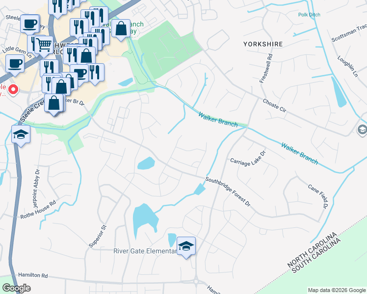 map of restaurants, bars, coffee shops, grocery stores, and more near 13446 Lovell House Drive in Charlotte