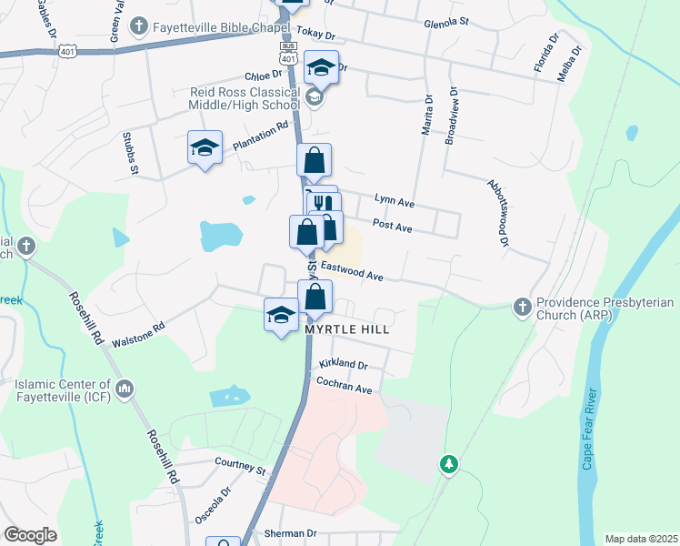 map of restaurants, bars, coffee shops, grocery stores, and more near 114 Eastwood Avenue in Fayetteville