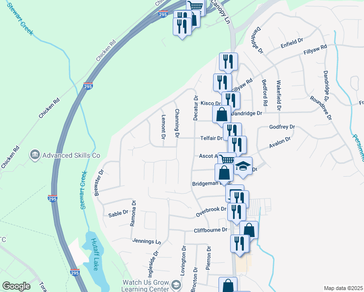 map of restaurants, bars, coffee shops, grocery stores, and more near 276 Channing Drive in Fayetteville