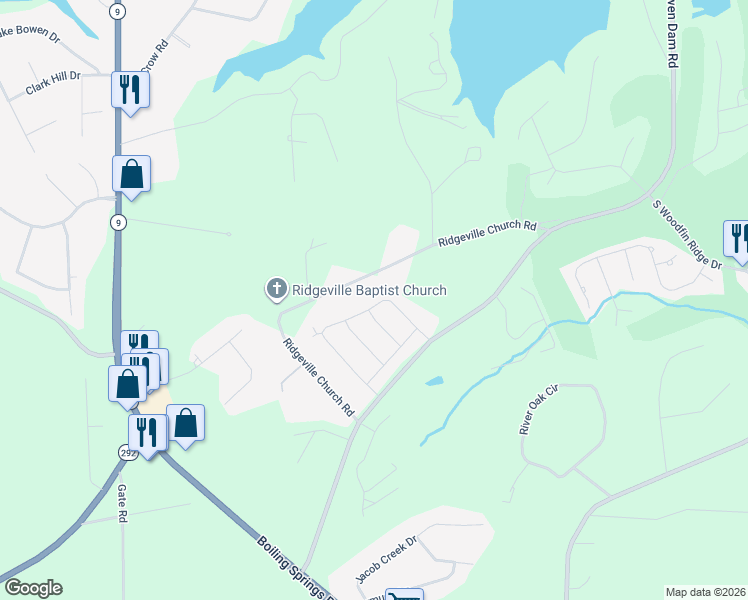 map of restaurants, bars, coffee shops, grocery stores, and more near 582 Ridgeville Crossing Drive in Inman