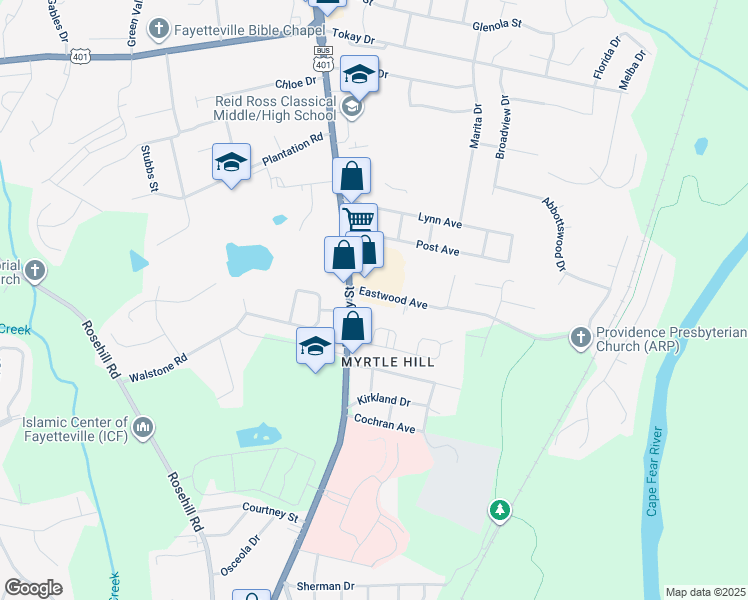 map of restaurants, bars, coffee shops, grocery stores, and more near 112 Eastwood Avenue in Fayetteville