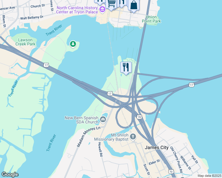 map of restaurants, bars, coffee shops, grocery stores, and more near 108 Dylan Lane in New Bern