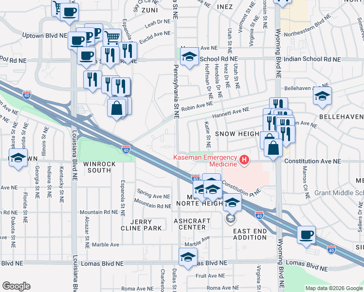 map of restaurants, bars, coffee shops, grocery stores, and more near 1304 Rhode Island Street Northeast in Albuquerque