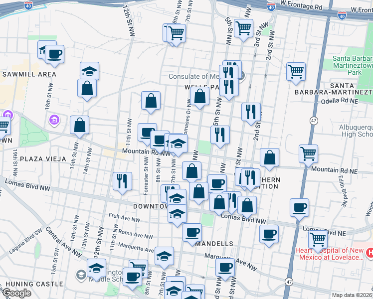 map of restaurants, bars, coffee shops, grocery stores, and more near 615 Mountain Road Northwest in Albuquerque