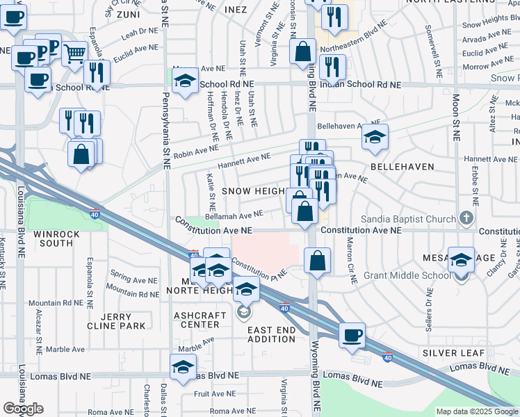 map of restaurants, bars, coffee shops, grocery stores, and more near 8021 Bellamah Avenue Northeast in Albuquerque