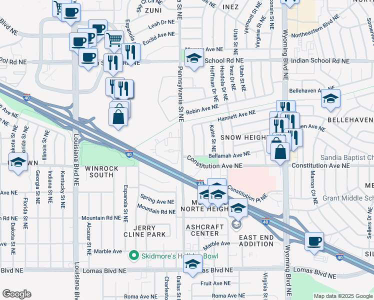 map of restaurants, bars, coffee shops, grocery stores, and more near 1304 Rhode Island Street Northeast in Albuquerque