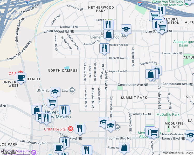 map of restaurants, bars, coffee shops, grocery stores, and more near 1220 Vassar Drive Northeast in Albuquerque