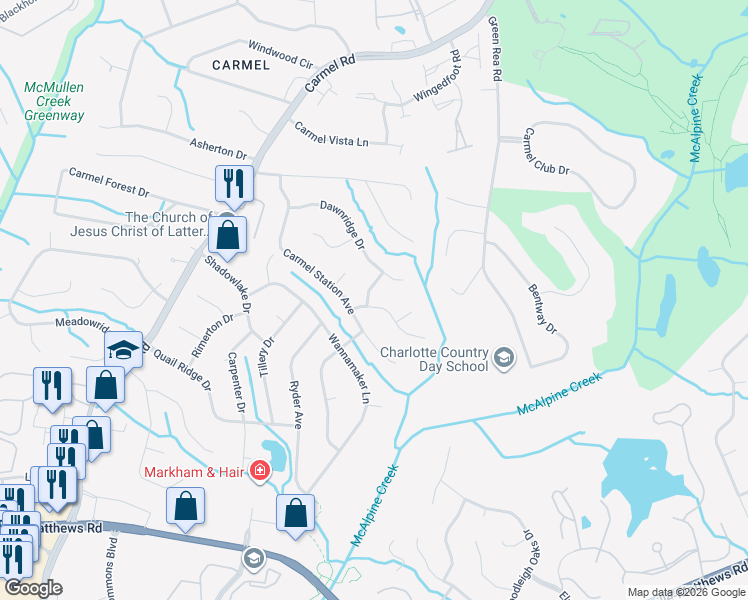 map of restaurants, bars, coffee shops, grocery stores, and more near 4915 Virginian Lane in Charlotte