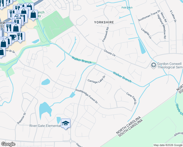 map of restaurants, bars, coffee shops, grocery stores, and more near 14725 Smith Road in Charlotte