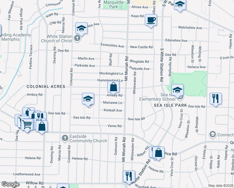 map of restaurants, bars, coffee shops, grocery stores, and more near 4969 Amboy Road in Memphis