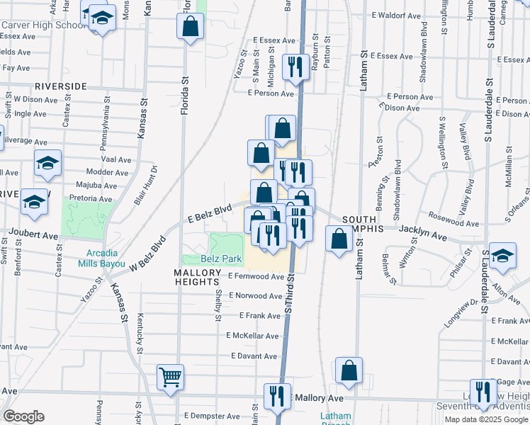 map of restaurants, bars, coffee shops, grocery stores, and more near 1897 South 3rd Street in Memphis