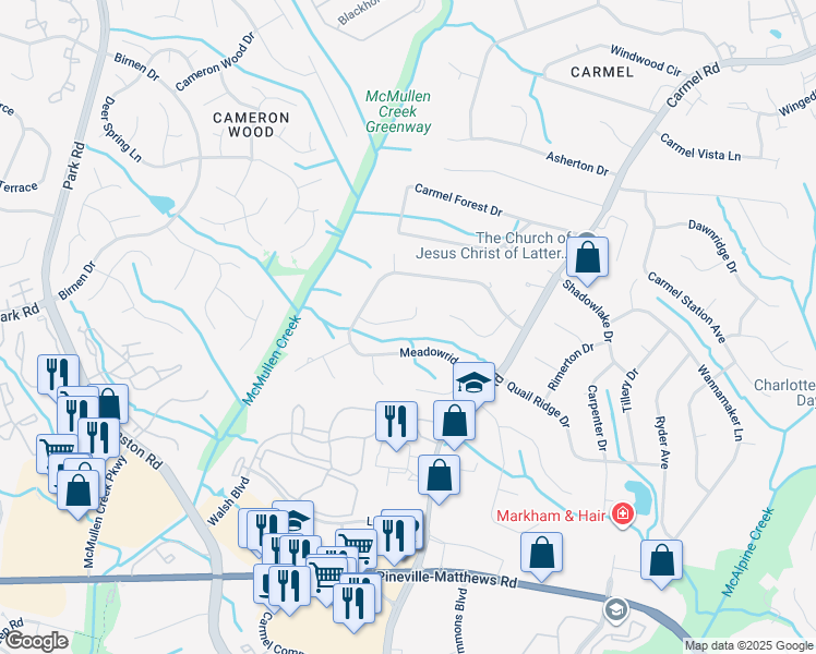 map of restaurants, bars, coffee shops, grocery stores, and more near 5910 Chapel Creek Court in Charlotte