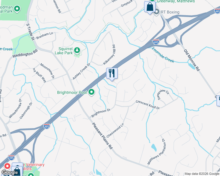 map of restaurants, bars, coffee shops, grocery stores, and more near 2337 Hunters Bluff Drive in Matthews