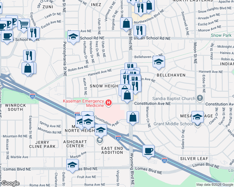 map of restaurants, bars, coffee shops, grocery stores, and more near 1400 Virginia Street Northeast in Albuquerque