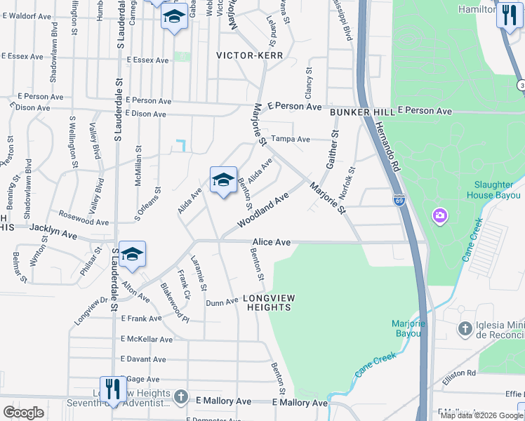 map of restaurants, bars, coffee shops, grocery stores, and more near Woodland Avenue in Memphis