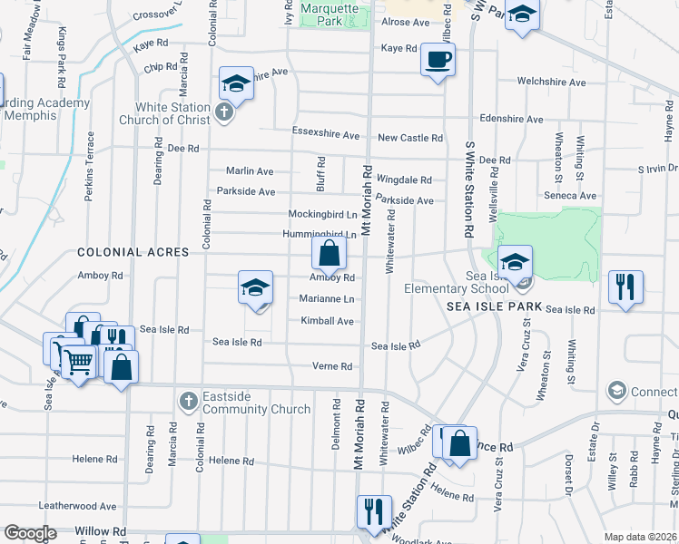 map of restaurants, bars, coffee shops, grocery stores, and more near 4969 Amboy Road in Memphis